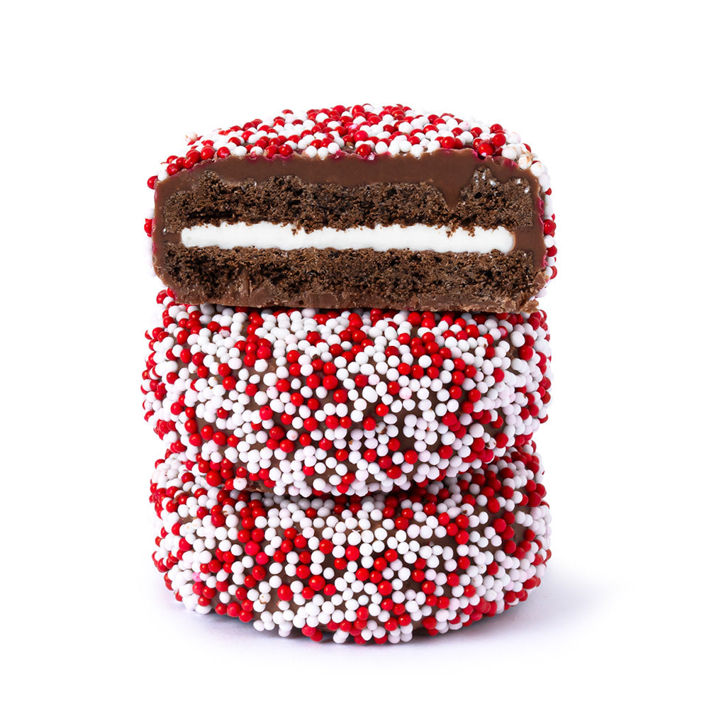 Wholesale BoxNCase Milk Chocolatey Coated Sandwich Cookies With Valentine Nonpareils- Bulk
