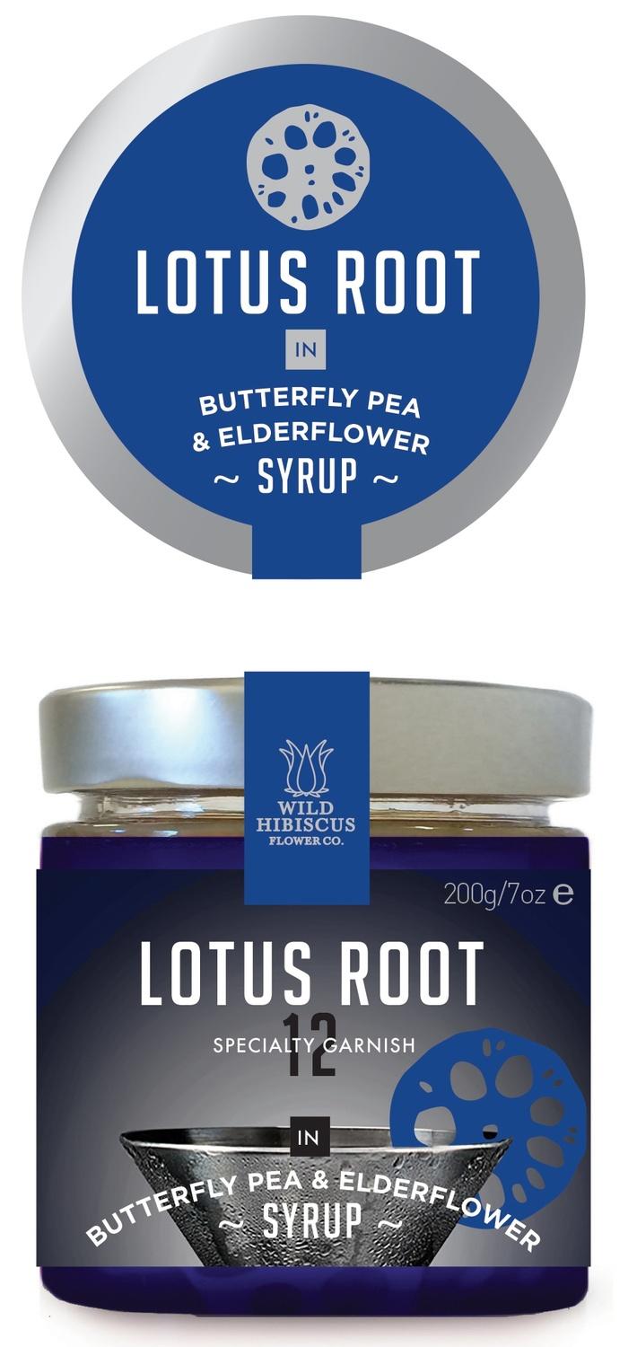 Wholesale Wild Hibiscus Lotus Root in Elder & Butterfly Pea Flower Syrup 7 oz Jar-6ct Case Bulk