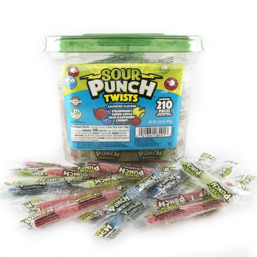 Wholesale Sour Punch Indiv. Wrapped 6” Twists Jar 4-Flavors PDQ 62.47 oz- Bulk