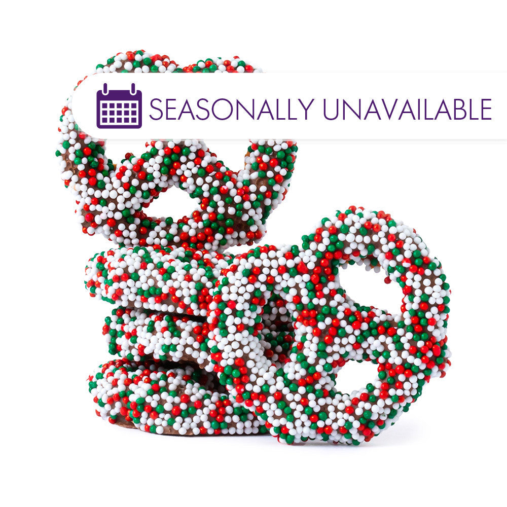 Wholesale BoxNCase Mini Milk Chocolatey Coated Christmas Nonpareil Pretzels- Bulk