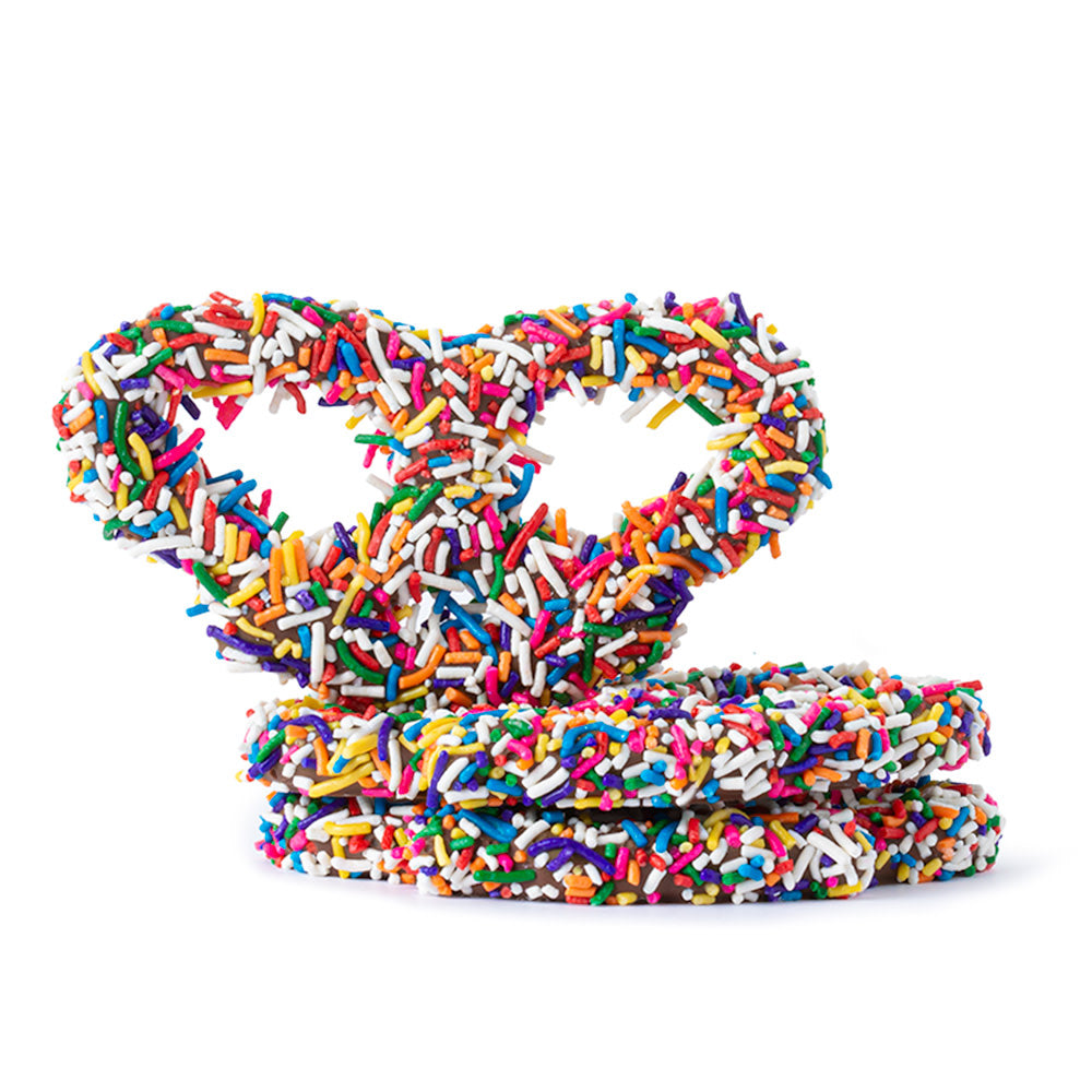 Wholesale BoxNCase Milk Chocolatey Coated Premier Pretzels With Rainbow Sprinkles- Bulk