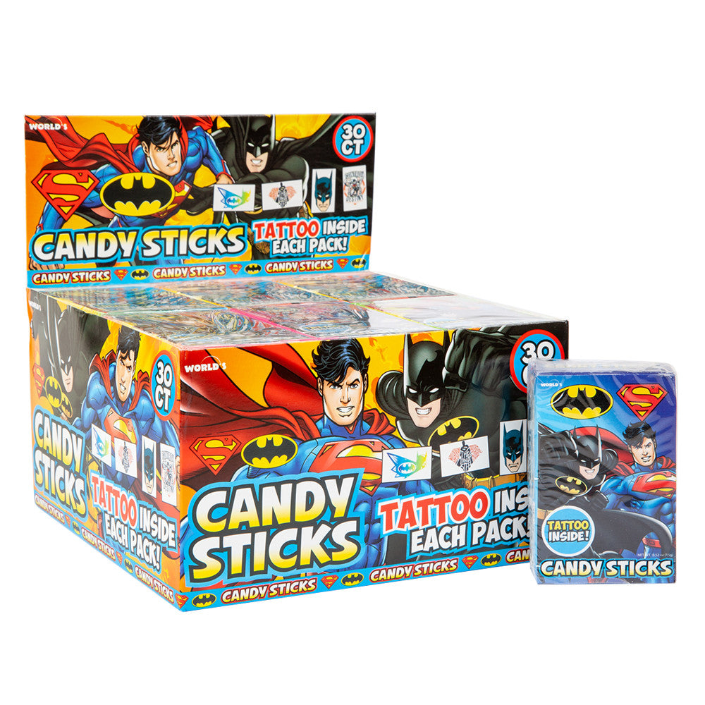 Wholesale Batman & Superman Tattoo Candy Sticks- Bulk