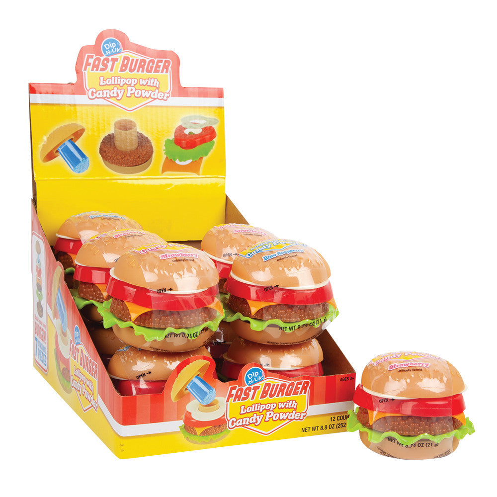 Wholesale Dip-N-Lik Fast Burger Lollipop With Candy Powder 0.74 Oz- Bulk