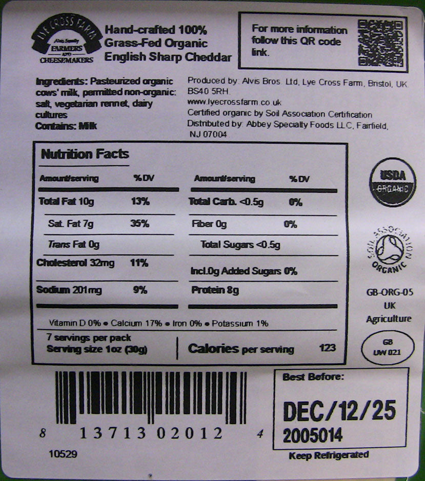 Wholesale Lye Cross Farm Organic Cheddar 7Oz- Bulk