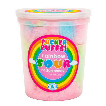 Wholesale Chocolate Storybook Pucker Puffs! Rainbow Sour Cotton Candy 1.75 Oz Tub- Bulk