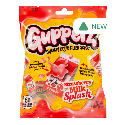 Wholesale Gupperz Strawberry Milk Splash Gummy Liquid Filled Popperz 2.54 Oz Peg Bag- Bulk