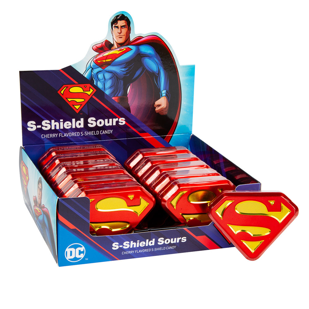 Wholesale Superman Sour Cherry S-Shield Sours Candy 0.6 Oz Tin- Bulk