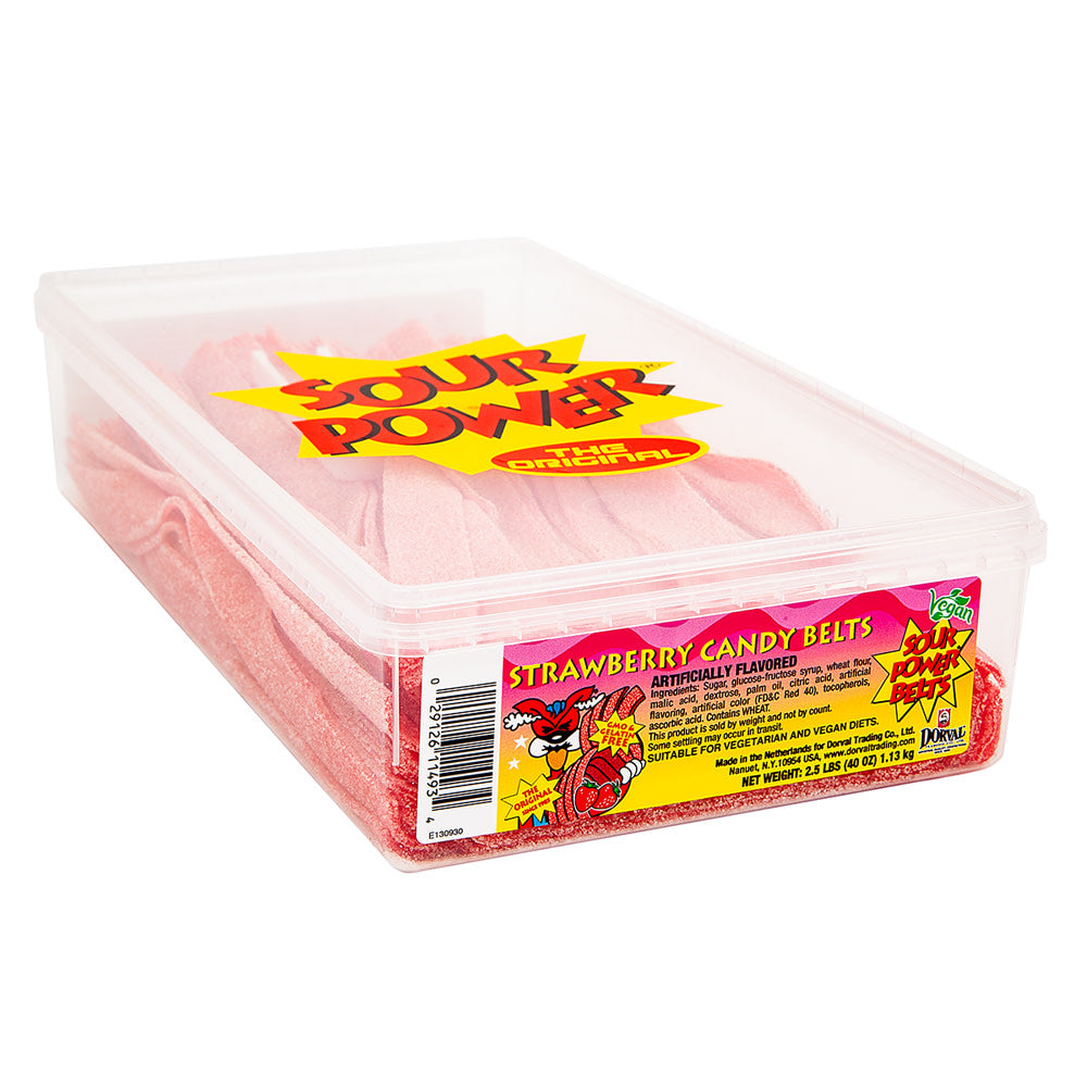 Wholesale Sour Power Strawberry Candy Belts Tub- Bulk