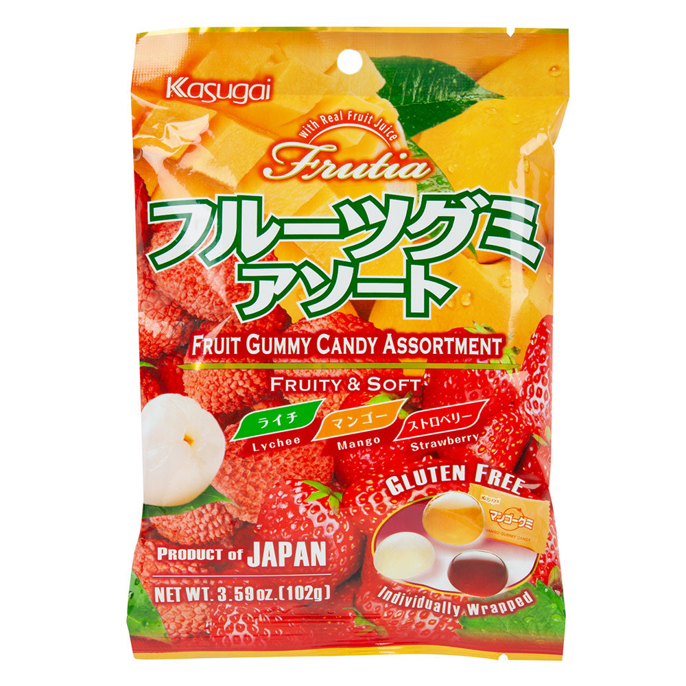 Wholesale Kasugai Frutia Assorted Lychee, Strawberry Mango Gummy Candy 3.59 Oz Peg Bag- Bulk