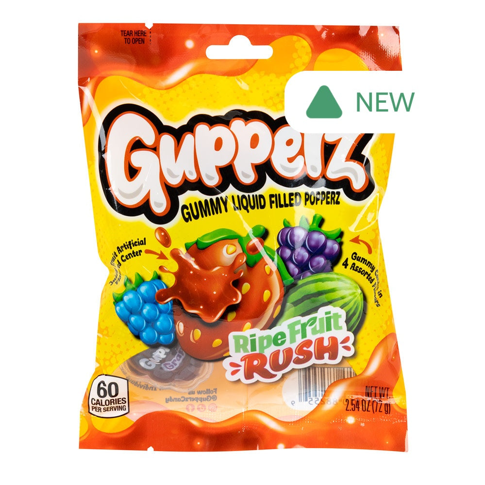 Wholesale Gupperz Ripe Fruit Rush Gummy Liquid Filled Popperz 2.54 Oz Peg Bag- Bulk
