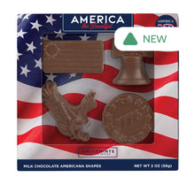 Wholesale MoMints America 250 Liberty Bell, Flag, Eagle, & Coin Milk Chocolate Minis 2 Oz Window Box- Bulk