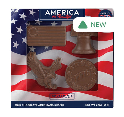 Wholesale MoMints America 250 Liberty Bell, Flag, Eagle, & Coin Milk Chocolate Minis 2 Oz Window Box- Bulk