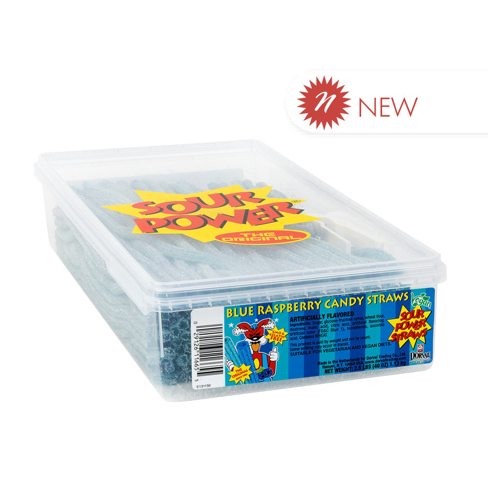 Wholesale Sour Power Blue Raspberry Candy Straws Tub- Bulk