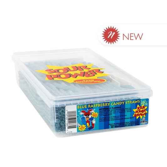Wholesale Sour Power Blue Raspberry Candy Straws Tub- Bulk