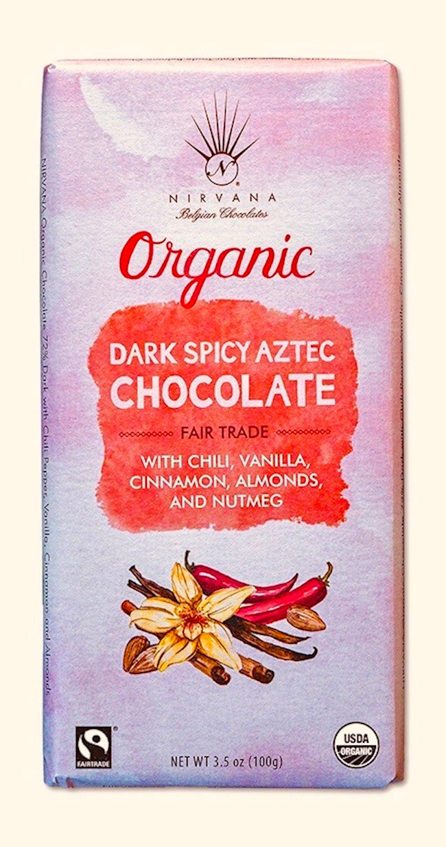 Wholesale Nirvana Dark Organic Belgian Chocolate W/Chili; Almonds; Vanilla; Nutmeg & Cinnamon- (Vegan) 72% Cocoa 3.5 Oz. Ea- Bulk