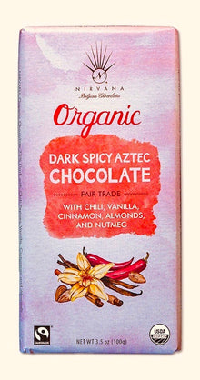 Wholesale Nirvana Dark Organic Belgian Chocolate W/Chili; Almonds; Vanilla; Nutmeg & Cinnamon- (Vegan) 72% Cocoa 3.5 Oz. Ea- Bulk