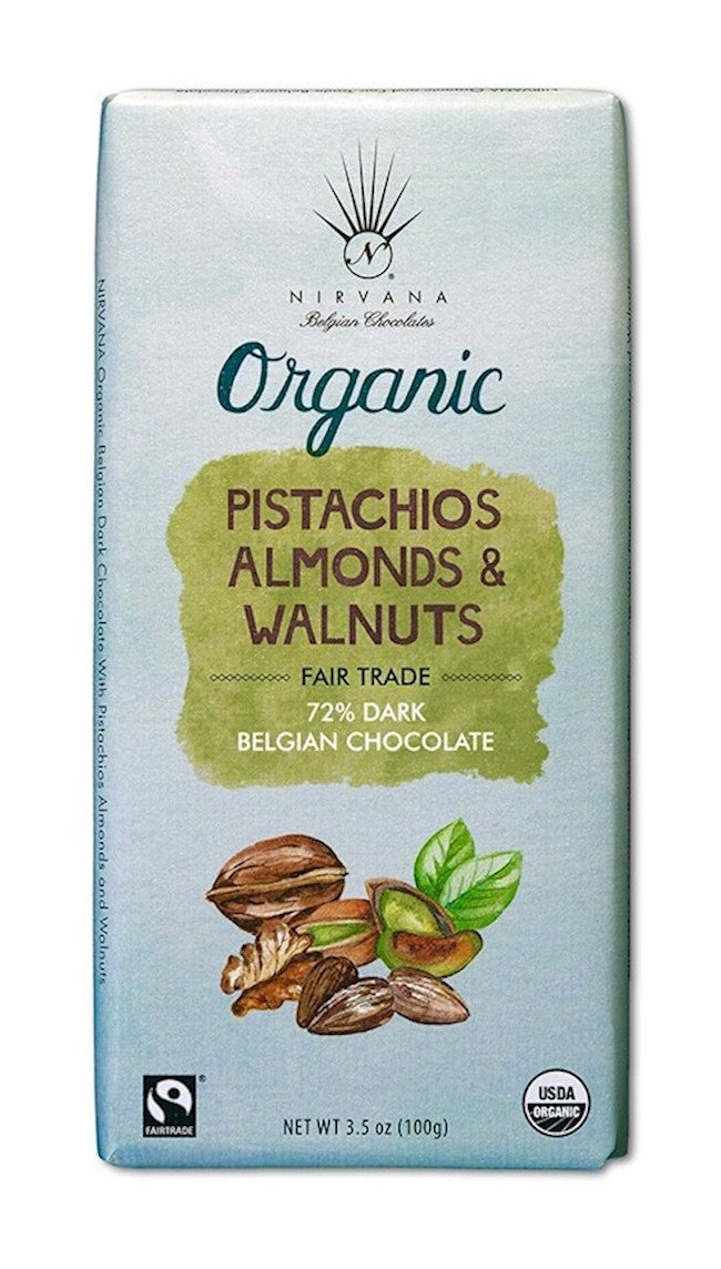 Wholesale Nirvana Dark Organic Belgian Chocolate W/Walnuts; Almonds & Pistachios -72% Cocoa (Vegan) 3.5 Oz.- Bulk