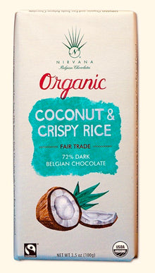 Wholesale Nirvana Dark Organic Belgian Chocolate W/Crunchy Coconut & Crispy Rice - 72% Cocoa (Vegan) 3.5 Oz.- Bulk