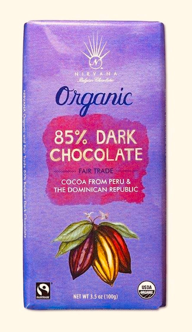 Wholesale Nirvana Dark Organic and Fair Trade Belgian Chocolate: Rich 85% Cacao Content 3.5 OZ- Bulk