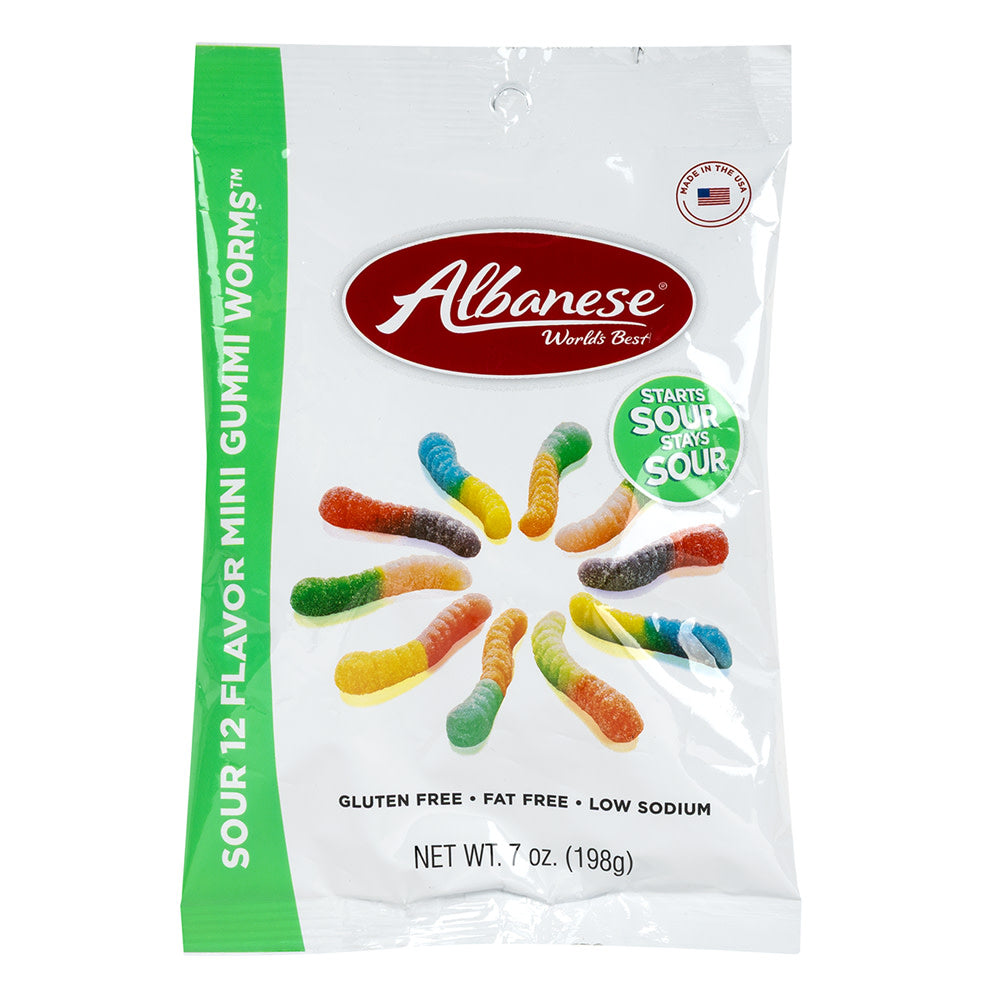 Wholesale Albanese 12 Flavor Sour Mini Gummi Worms 7 Oz Peg Bag *Sf Dc Only*- Bulk
