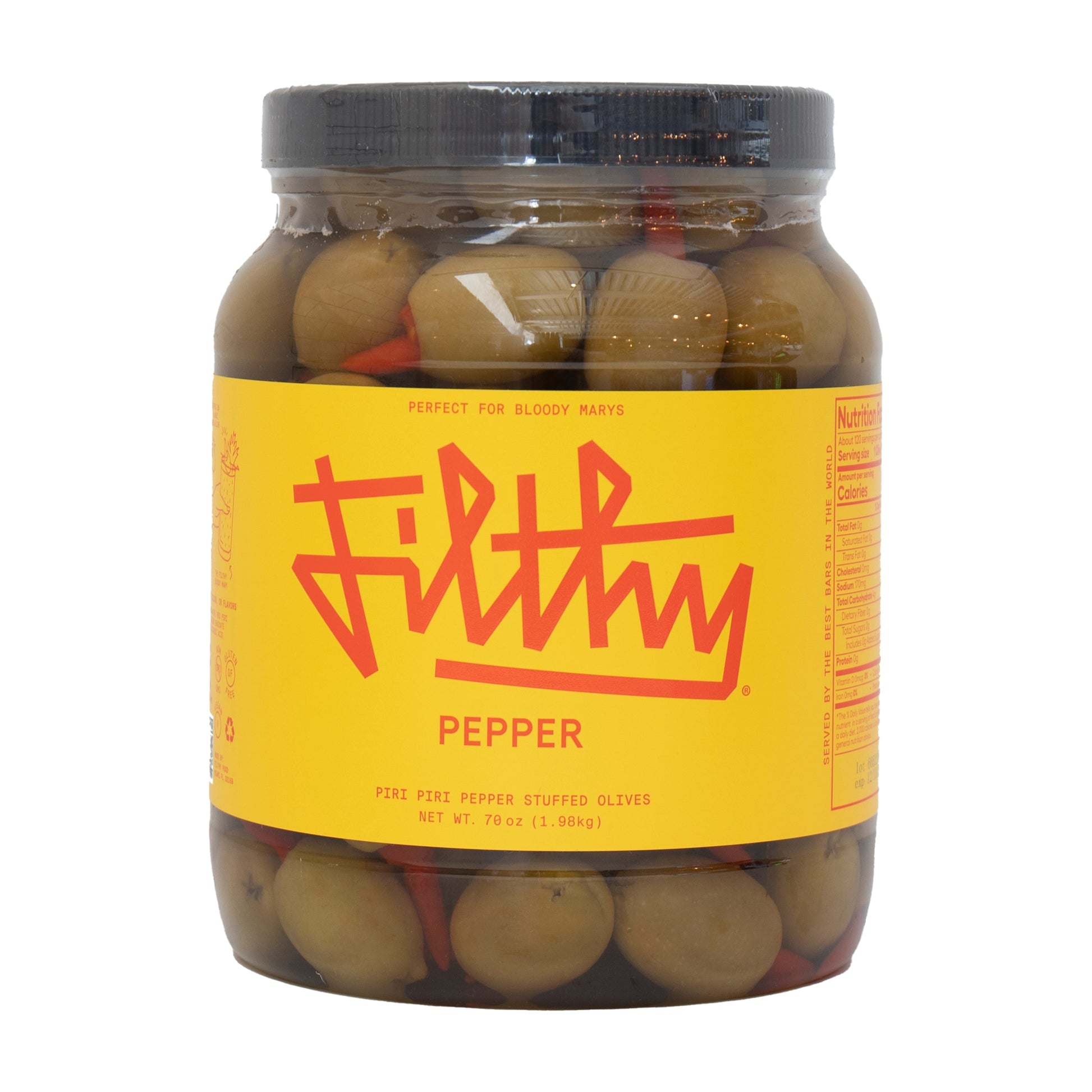 Wholesale Filthy Stuffed Green Olives with Red Peppers 64oz- Bulk