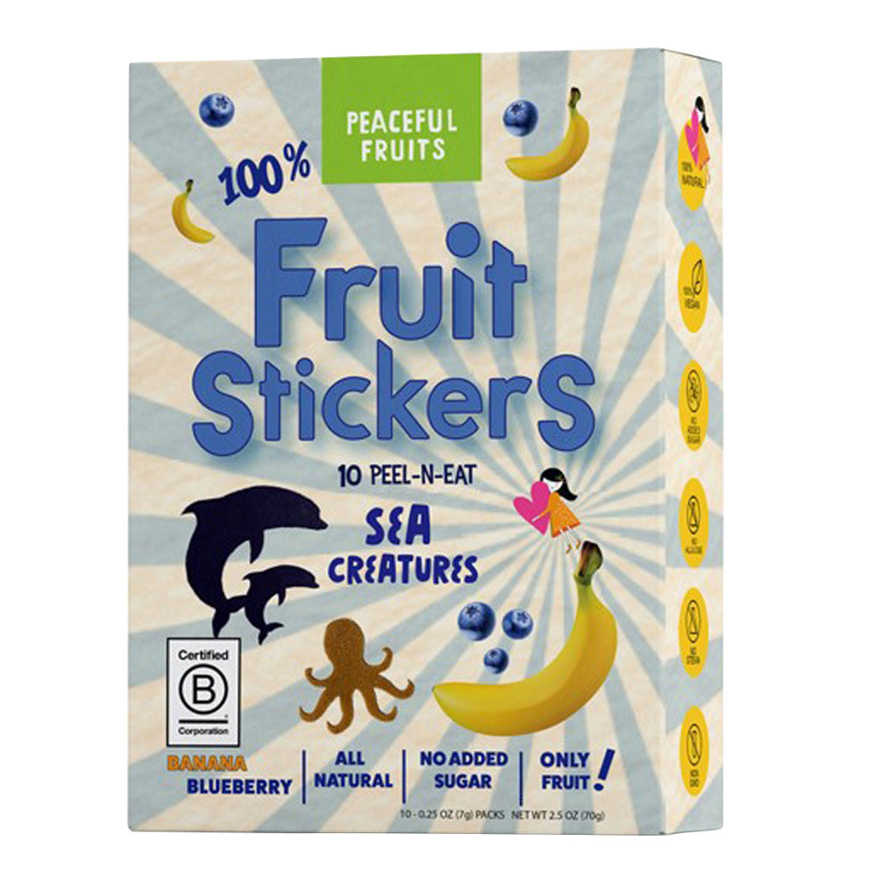 Peaceful Fruits Banana Blueberry Sea Creatures Fruit Stickers 10 Count 2.5 Oz Box
