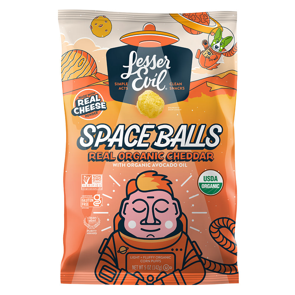 Wholesale Lesser Evil Real Organic Cheddar Spaceballs 5 Oz Bag- Bulk