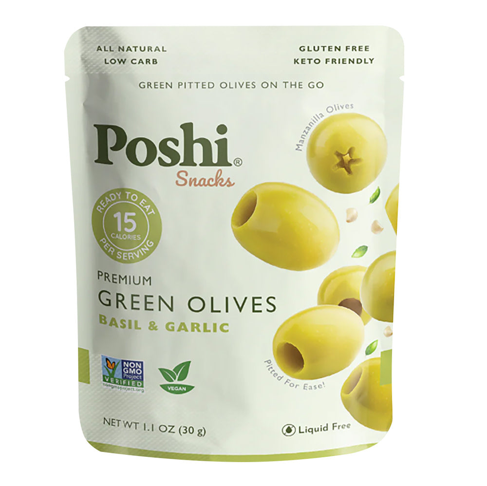 Wholesale Poshi Snacks Basil And Garlic Pitted Green Olives 1.1 Oz Pouch- Bulk