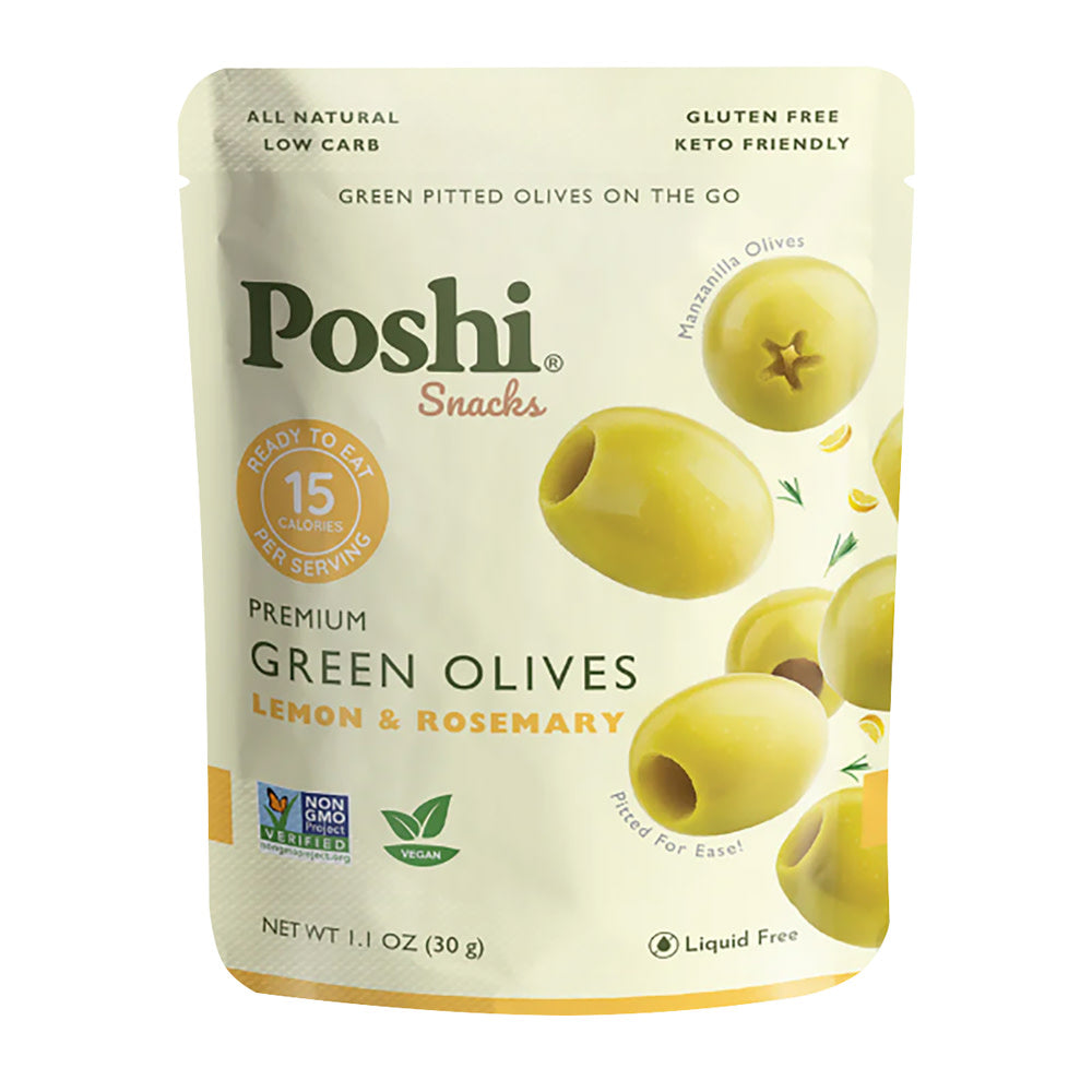 Wholesale Poshi Snacks Lemon And Rosemary Pitted Green Olives 1.1 Oz Pouch- Bulk