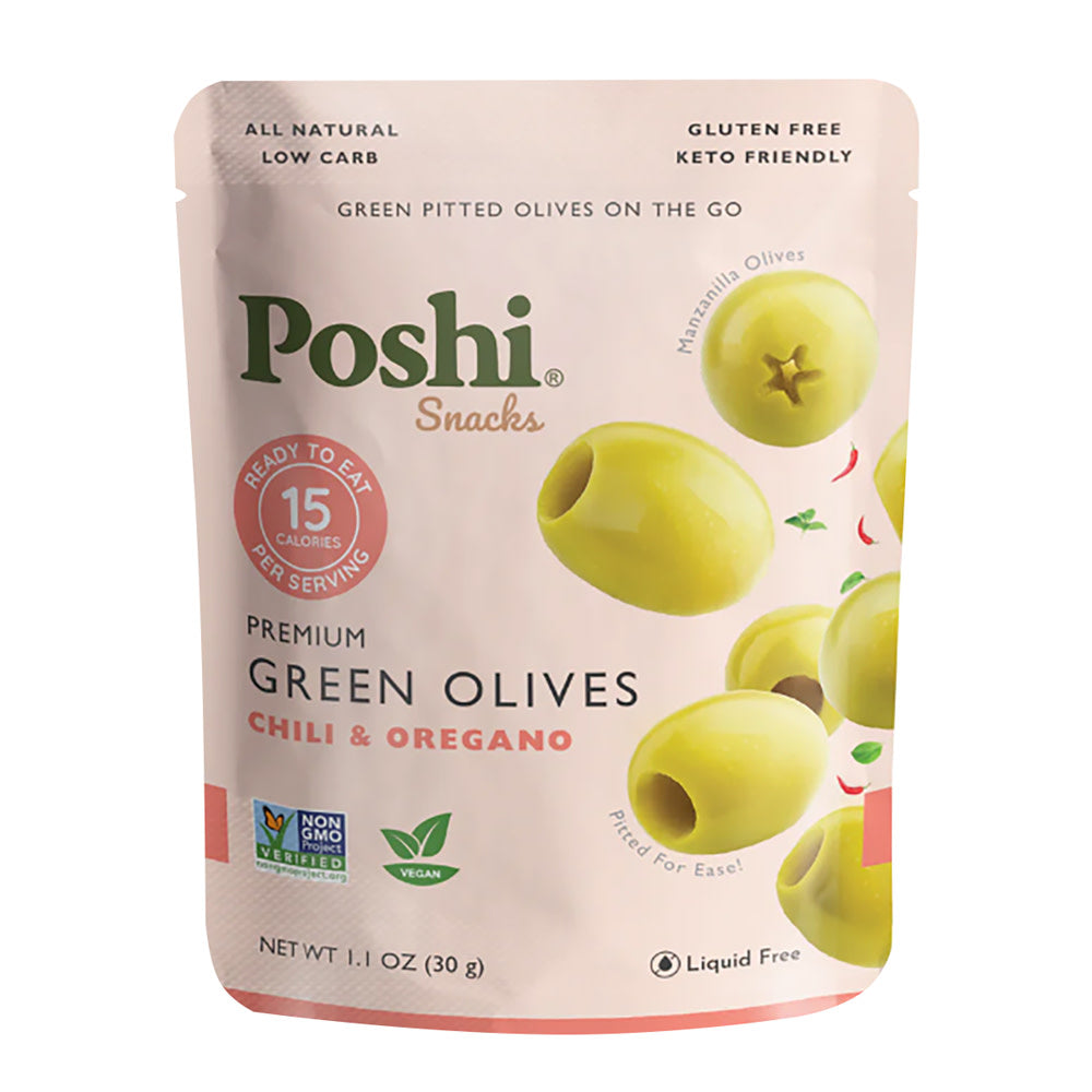 Wholesale Poshi Snacks Chili And Oregano Pitted Green Olives 1.1 Oz Pouch- Bulk