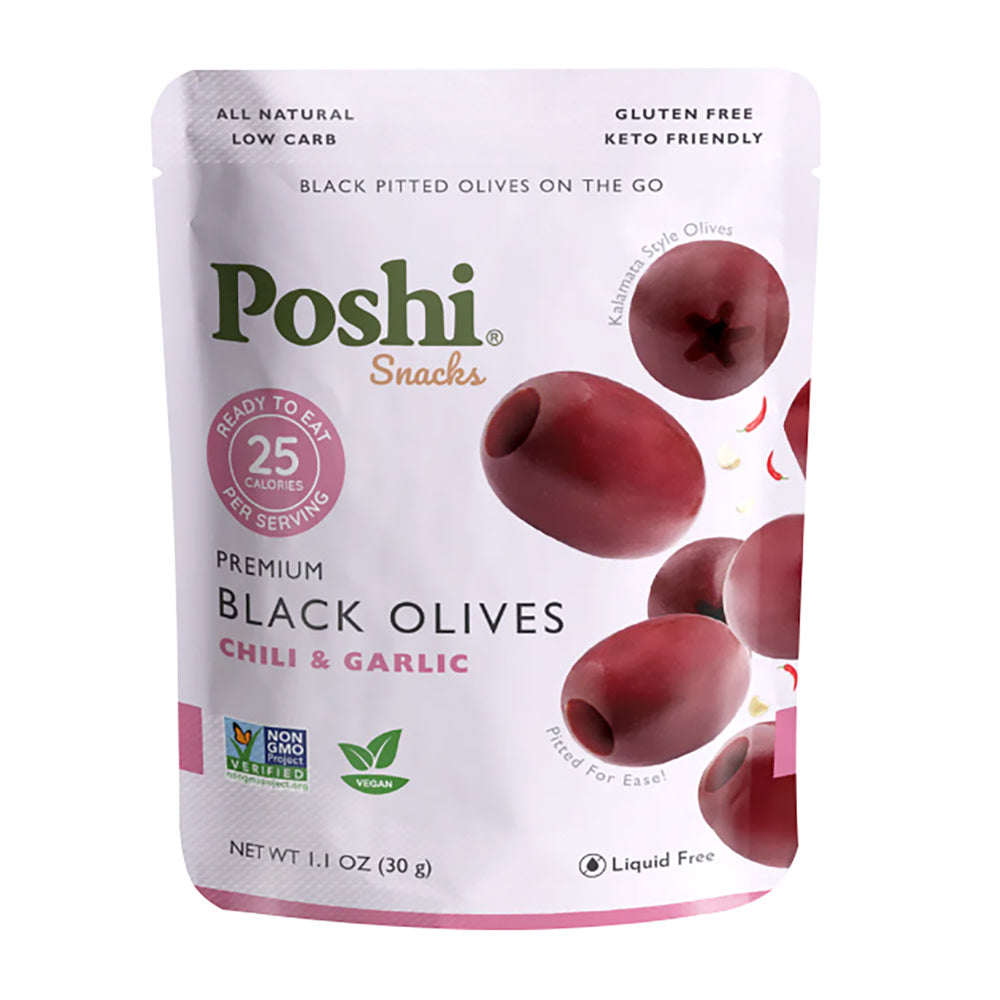 Poshi Snacks Chili And Garlic Pitted Kalamata Olives 1.1 Oz Pouch