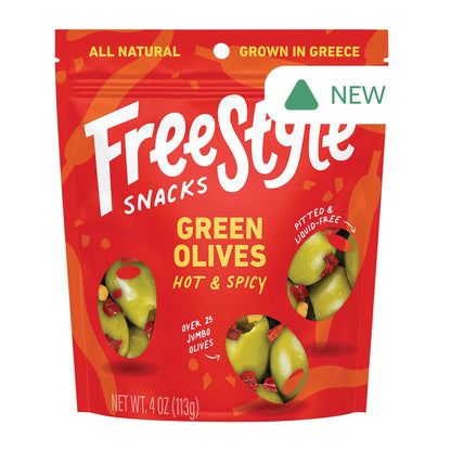 Wholesale Freestyle Snacks Hot & Spicy Green Olives 4 Oz Pouch- Bulk