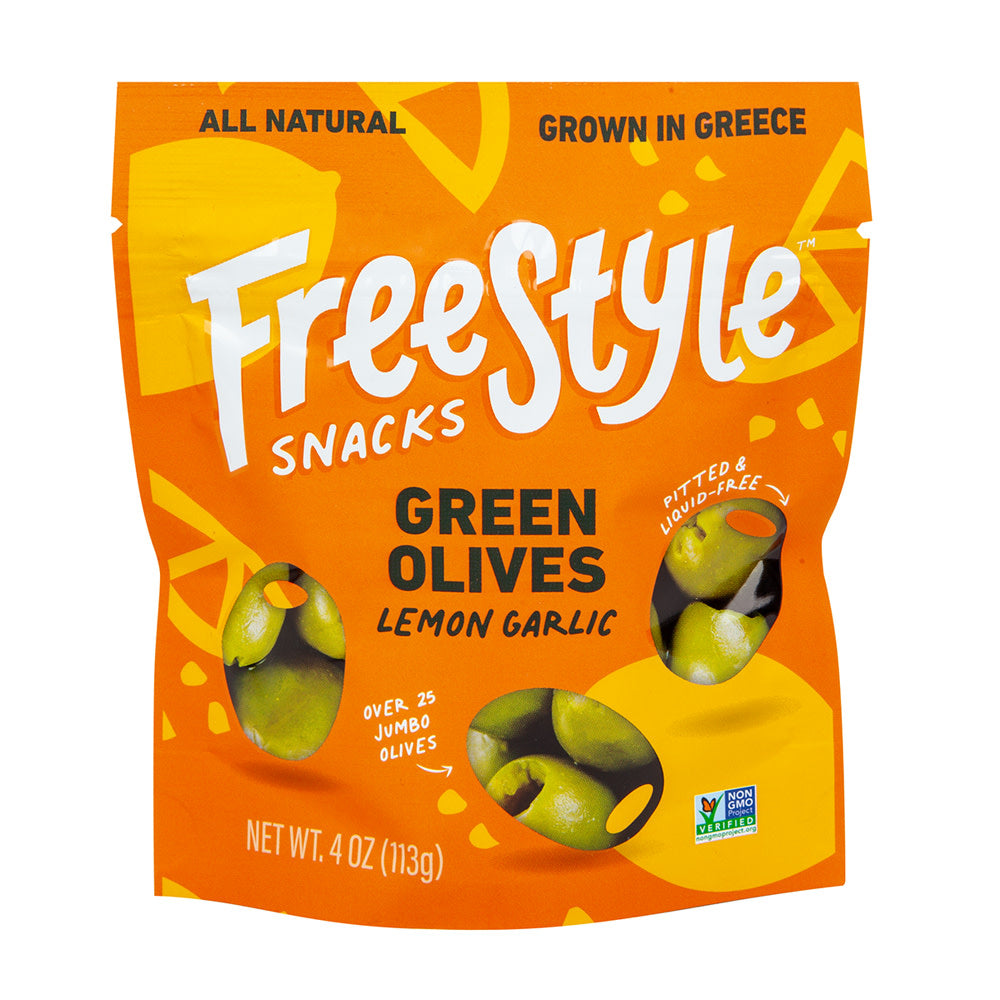 Wholesale Freestyle Snacks Lemon & Garlic Green Olives 4 Oz Pouch- Bulk