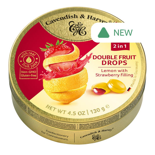 Wholesale Cavendish & Harvey Lemon With Strawberry Filling Double Fruit Drops 4.5 Oz Tin- Bulk