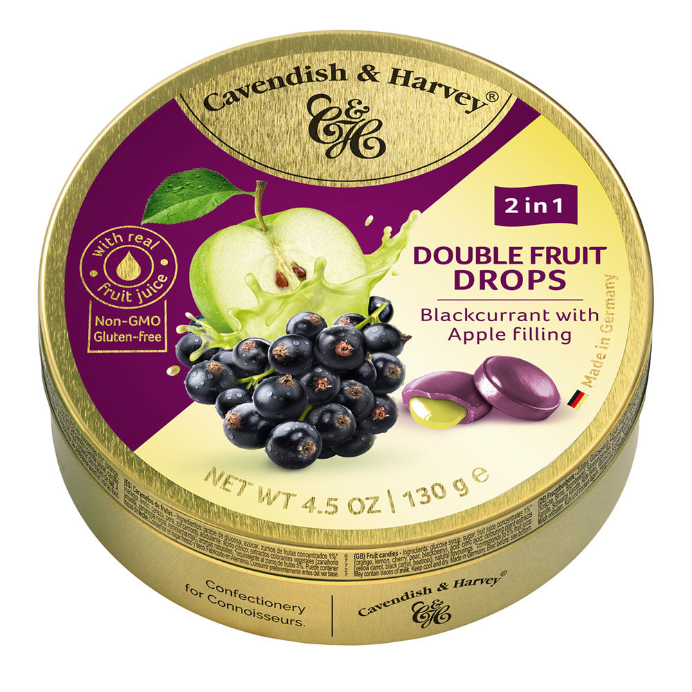Wholesale Cavendish & Harvey Blackcurrant With Apple Filling Double Fruit Drops 4.5 Oz Tin- Bulk