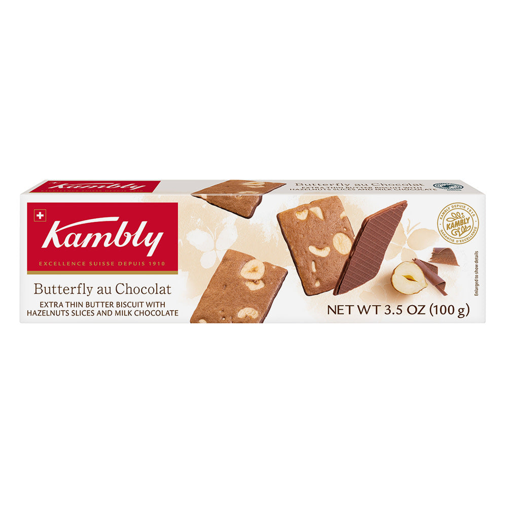Wholesale Kambly Swiss Butterfly Au Chocolat Extra Thin Butter Biscuits With Hazelnut Slices And Milk Chocolate 3.5 Oz Box- Bulk