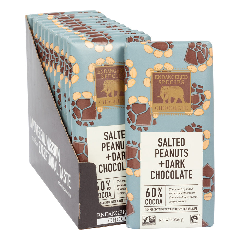 Wholesale Endangered Species Dark Chocolate With Salted Peanuts 3 Oz Bar- Bulk