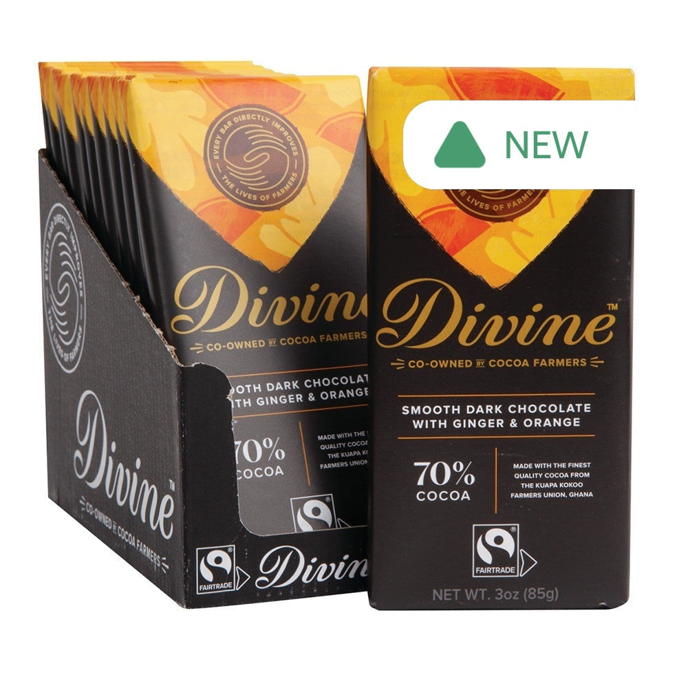 Wholesale Divine 70% Dark Chocolate With Ginger & Orange 3 Oz Bar- Bulk