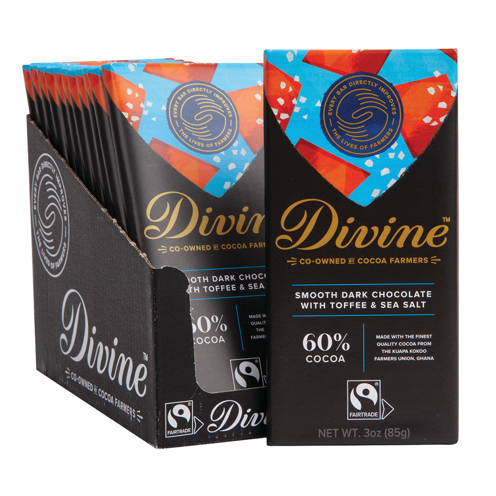 Wholesale Divine 6O% Dark Chocolate With Sea Salt & Toffee 3 Oz Bar- Bulk