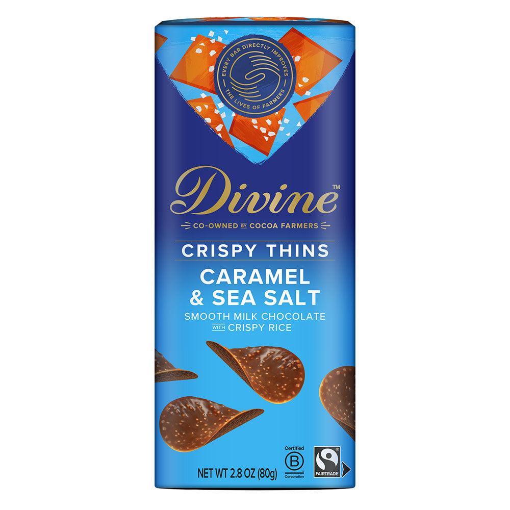 Wholesale Divine Milk Chocolate With Caramel & Sea Salt Crispy Thins 2.8 Oz Box- Bulk