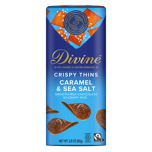 Wholesale Divine Milk Chocolate With Caramel & Sea Salt Crispy Thins 2.8 Oz Box- Bulk