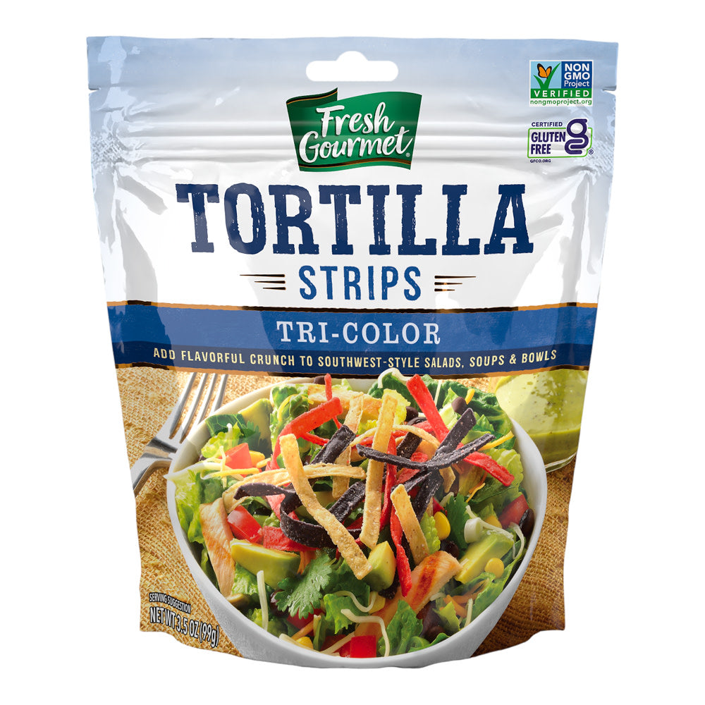 Wholesale Fresh Gourmet Tri-Color Tortilla Strips 3.5 Oz Pouch- Bulk