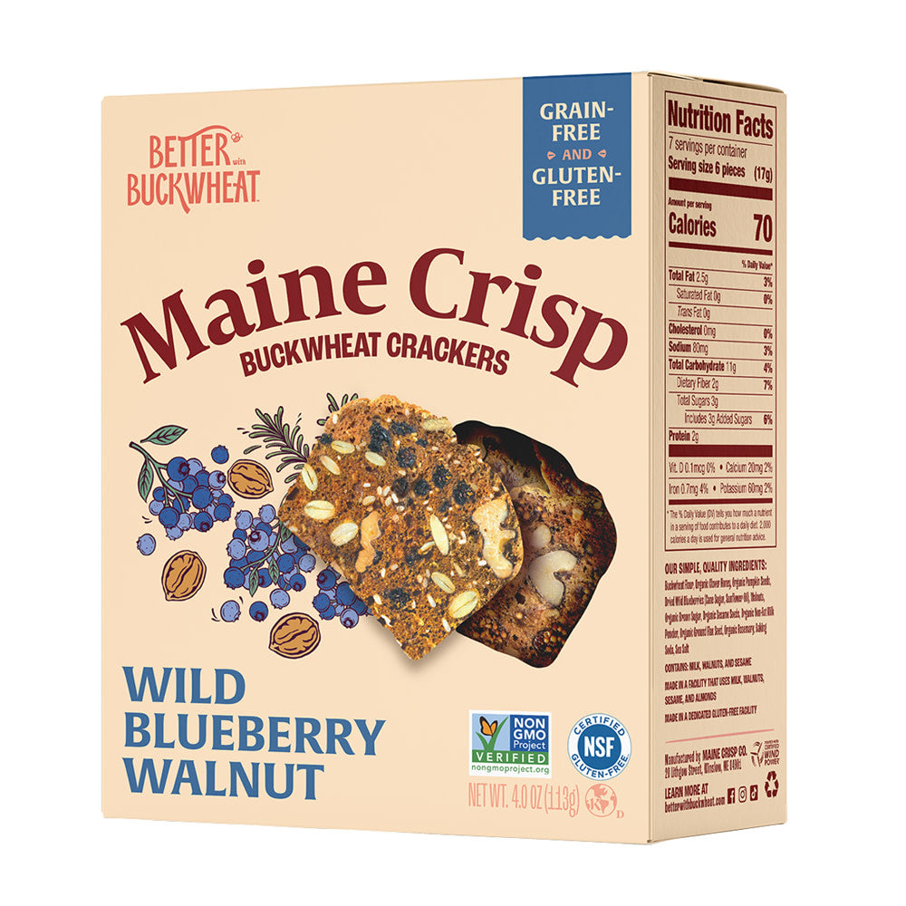 Wholesale Maine Crisp Buckwheat Crackers Wild Blueberry Walnut 4 Oz Box- Bulk