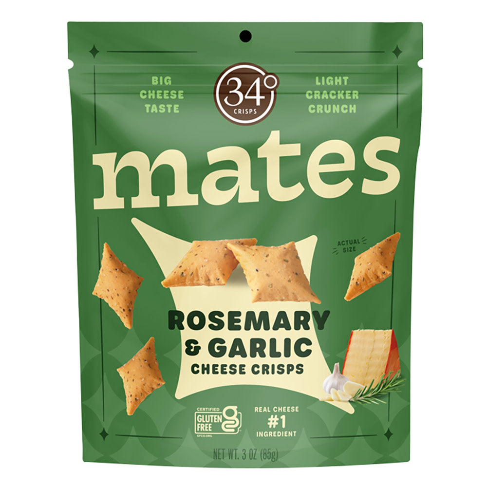Wholesale 34 Degrees Mates Rosemary & Garlic Cheese Crisps 3 Oz Pouch- Bulk