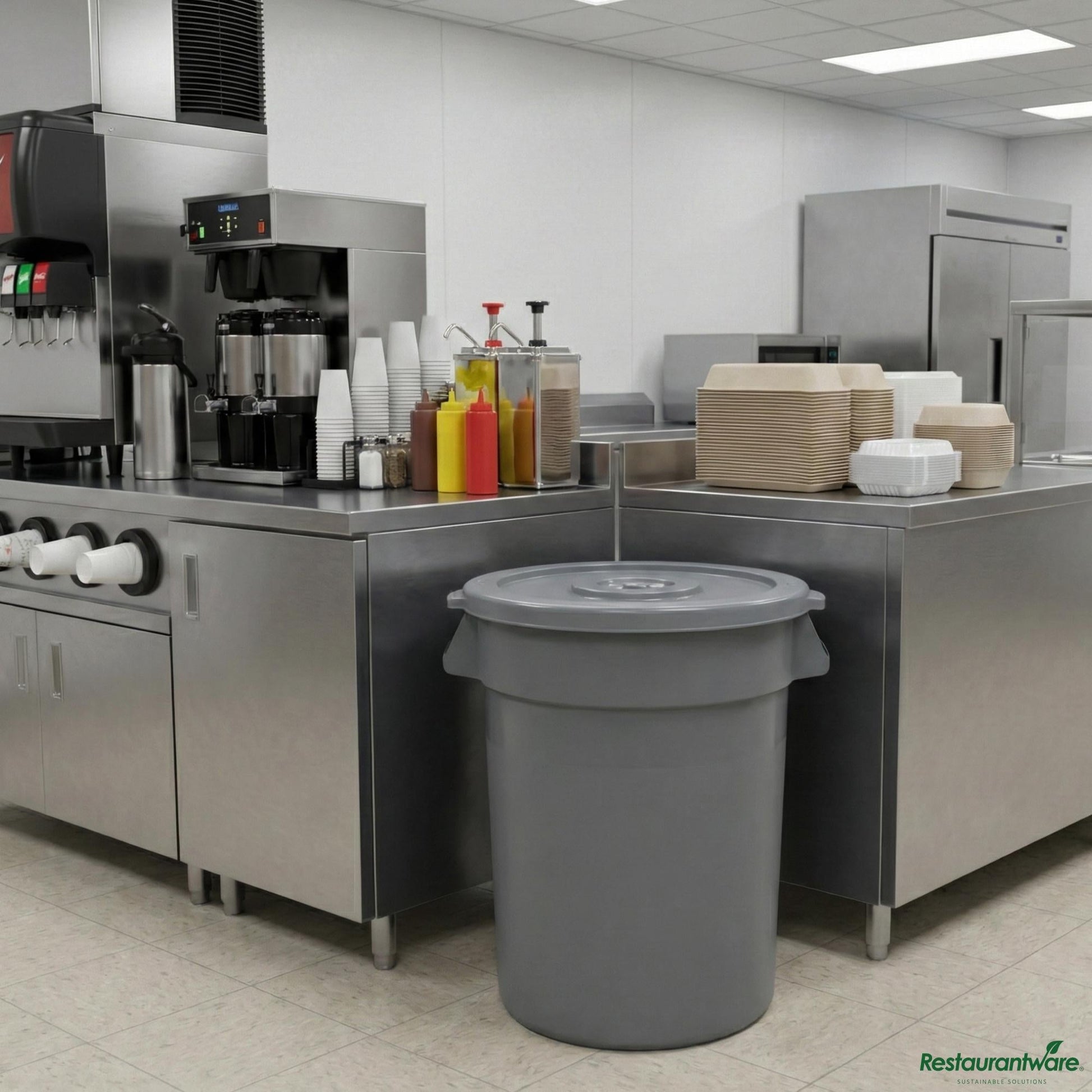 Wholesale Restaurantware Gray 32 Gal Plastic Trash Can and Lid - 25" X 22" X 27.4"- Bulk