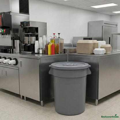 Wholesale Restaurantware Gray 32 Gal Plastic Trash Can and Lid - 25" X 22" X 27.4"- Bulk