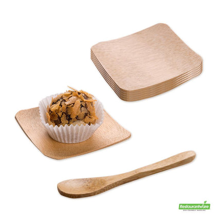Wholesale Restaurantware Bundle: 100 Square Natural 2.25" Bamboo Dishes and 100 Mini Spoons- Bulk