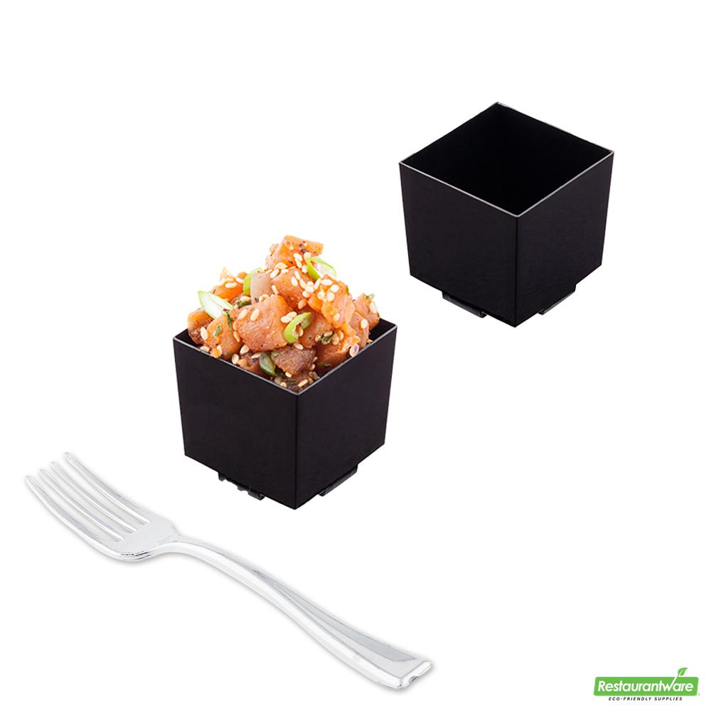 Wholesale Restaurantware 100 3 Oz Square Black Plastic Quadrato Cups and 100 Silver Plastic 4" Mini Forks- Bulk
