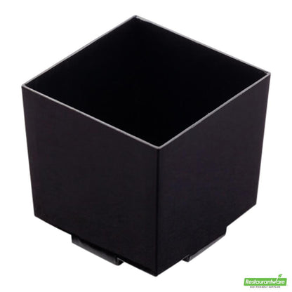 Wholesale Restaurantware 100 3 Oz Square Black Plastic Quadrato Cups and 100 Silver Plastic 4" Mini Forks- Bulk