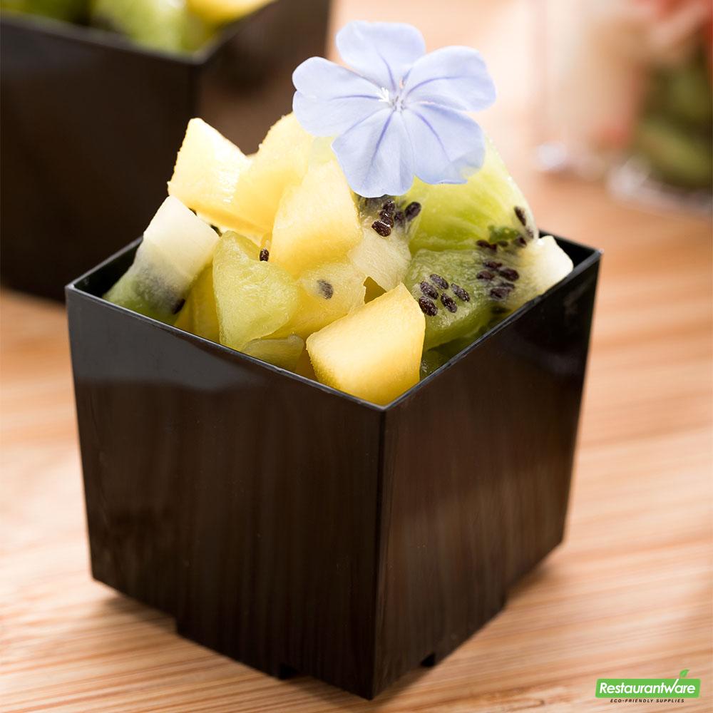 Wholesale Restaurantware 100 3 Oz Square Black Plastic Quadrato Cups and 100 Silver Plastic 4" Mini Forks- Bulk